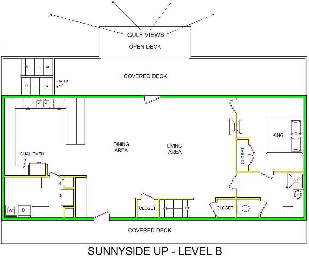 A level B layout view of Sand 'N Sea's beachfront house vacation rental in Galveston named Sunnyside Up